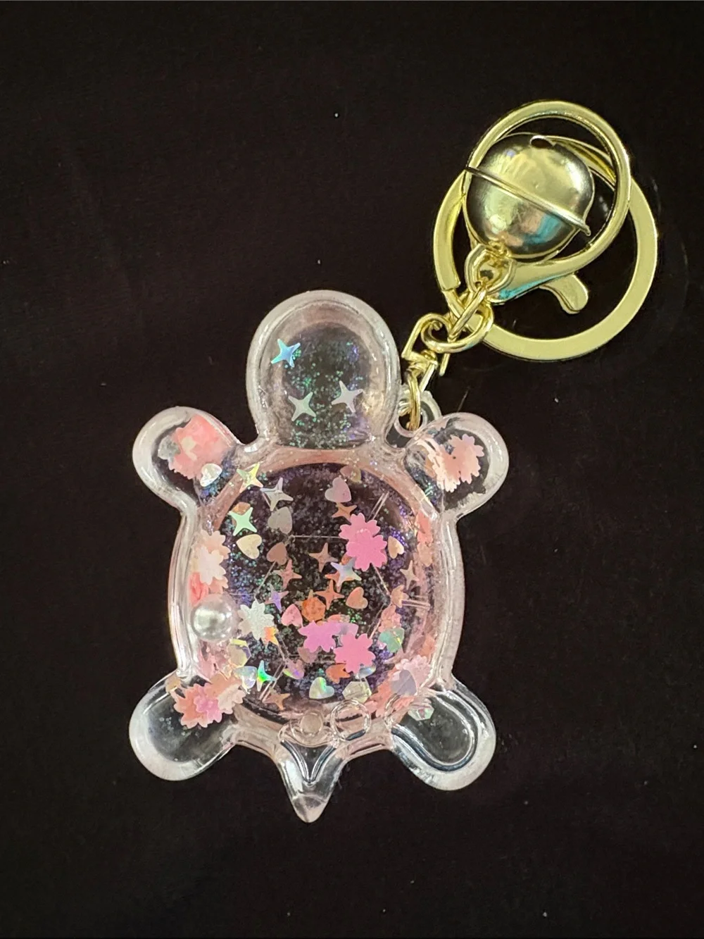 Clear Acrylic Pink Water Filled Turtle Keychain Bag Charm with Glitter Confetti